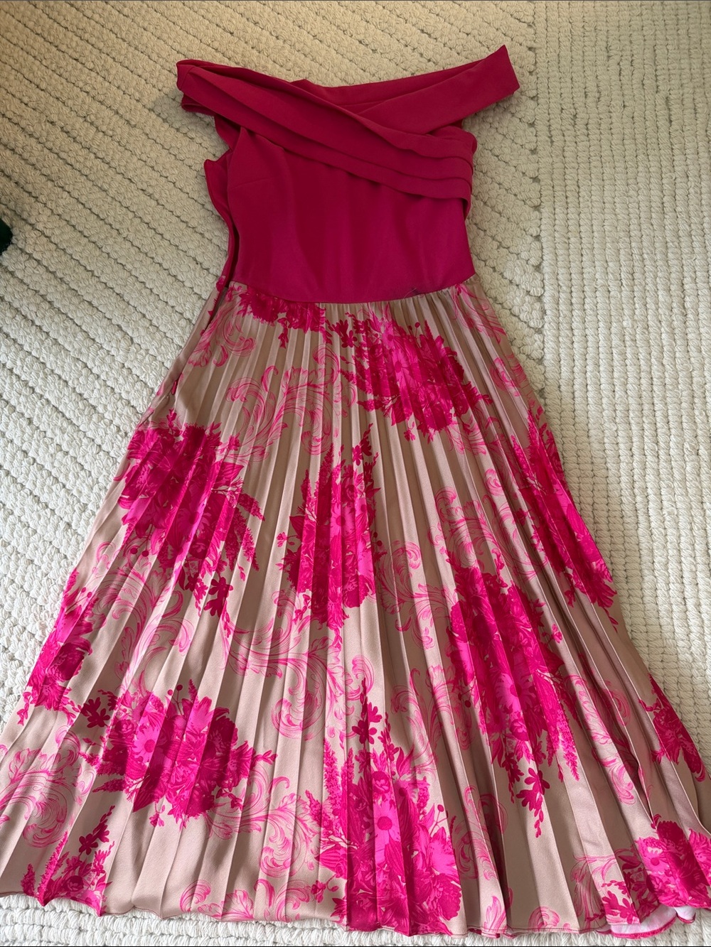 Italian Off-Shoulder Pleated Floral Maxi Dress in Hot Pink and Nude